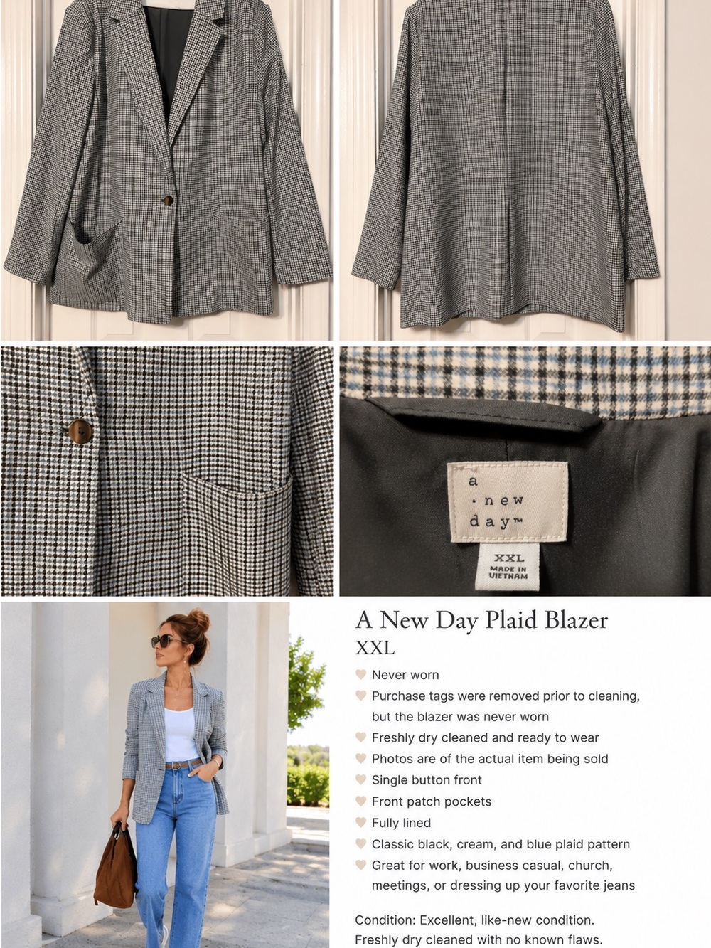 a new day Brown, cream  & Blue Plaid Blazer